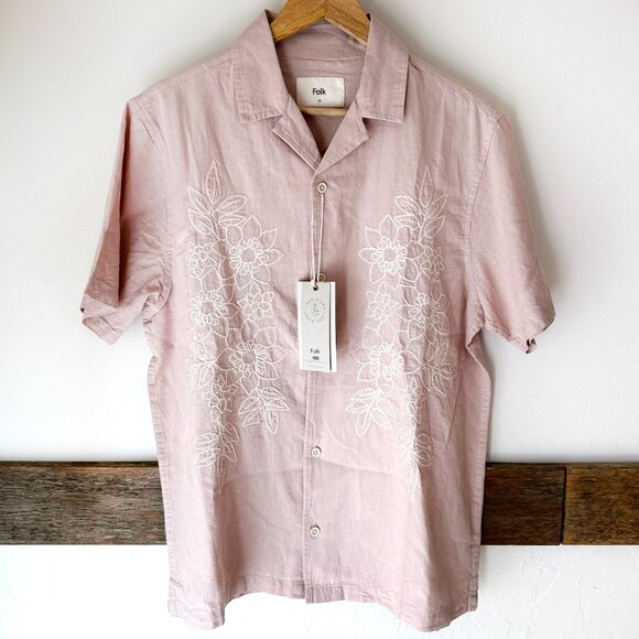 NWT Folk Men's‎ Linen Blend Shirt Tropical Pale Pink White M NEW Short Sleeve - Picture 6 of 8